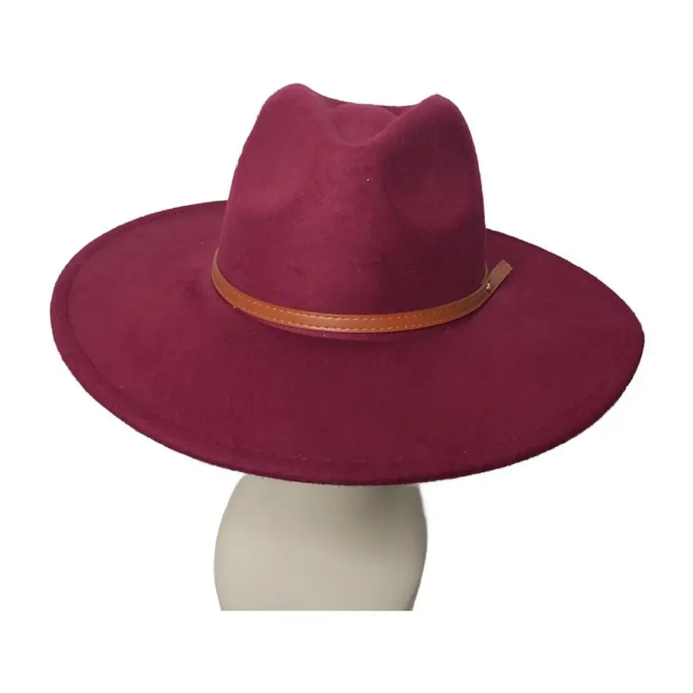 NWT Women's Wine Wide Brim Felt Fedora Hat Faux Leather Detail